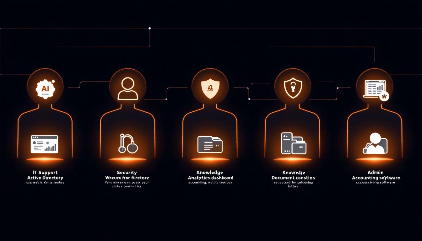 Custom AI assistant business workflow showing five AI agents connected to internal systems