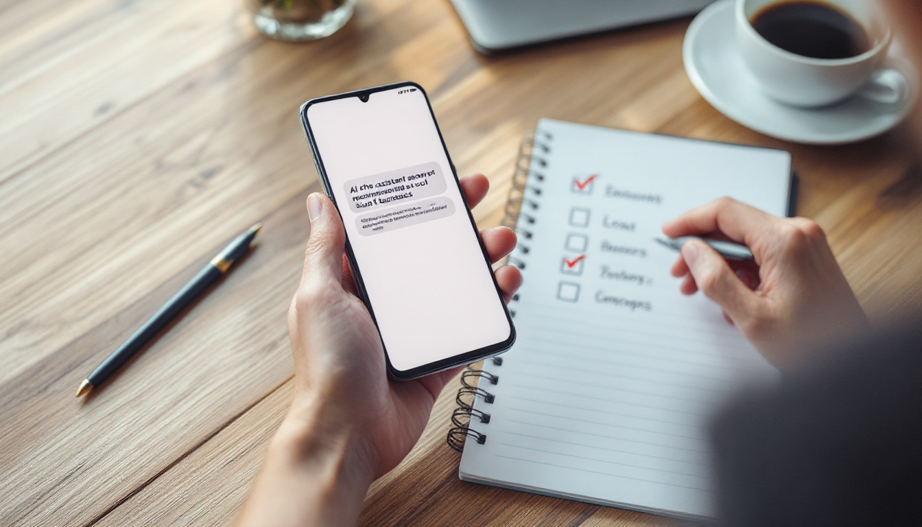 Business owner running an AI assistant query on a phone next to a handwritten checklist on a notepad