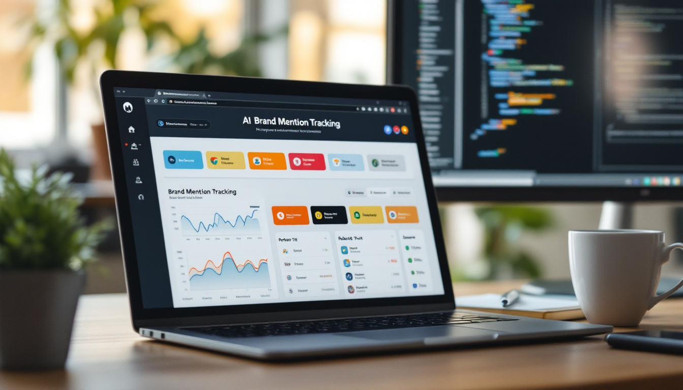 Laptop screen showing an AI visibility tracking dashboard with brand mention charts in a home office