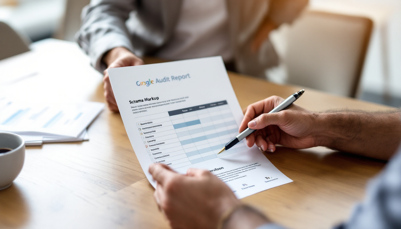 Consultant walking a business owner through a printed AI visibility audit report at a meeting table