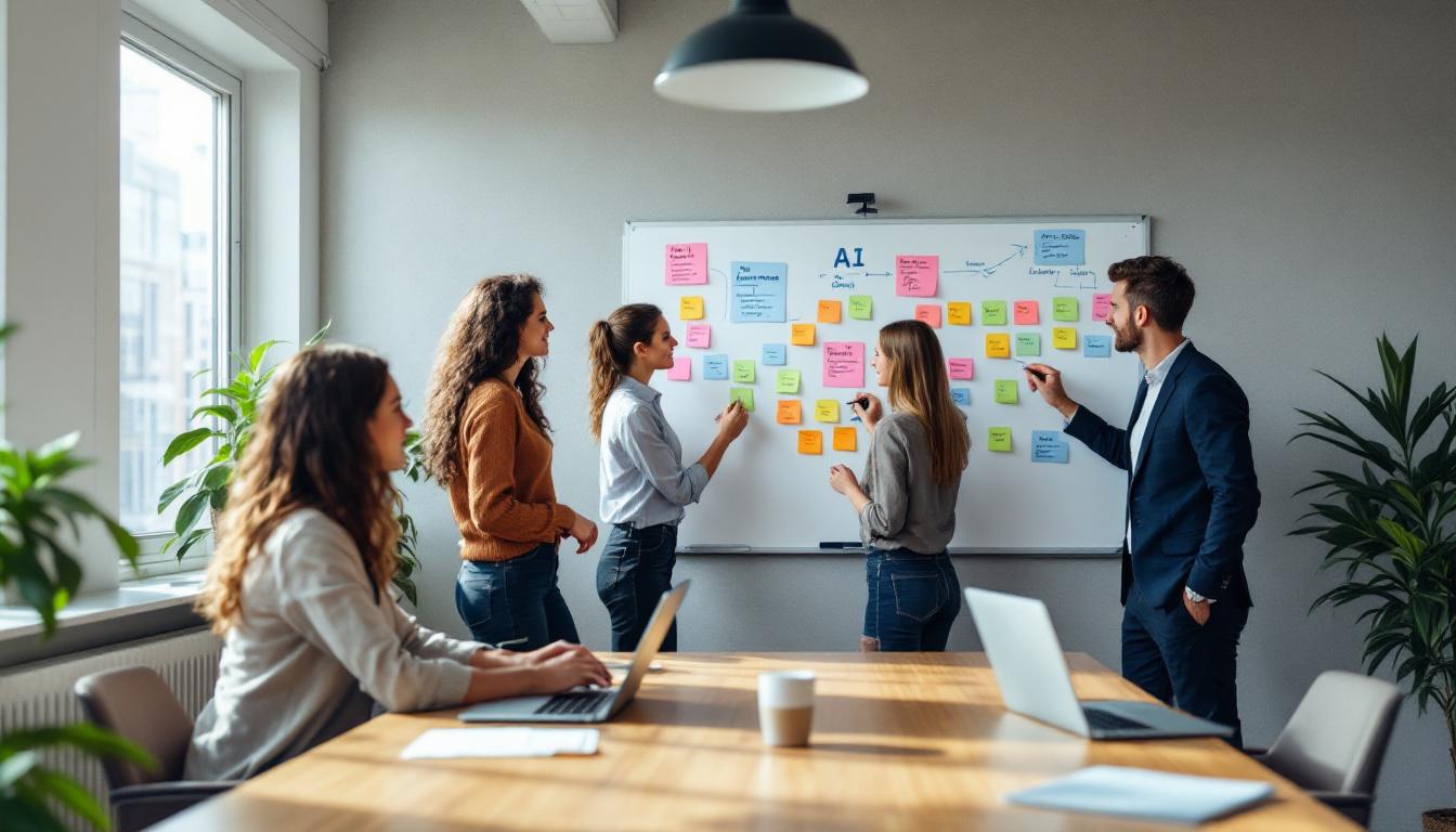 Sydney small office team brainstorming AI use cases on a whiteboard with sticky notes and laptops