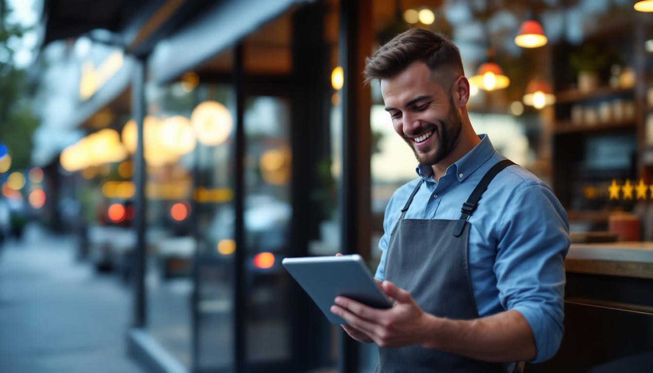 Sydney business owner reading positive Google reviews