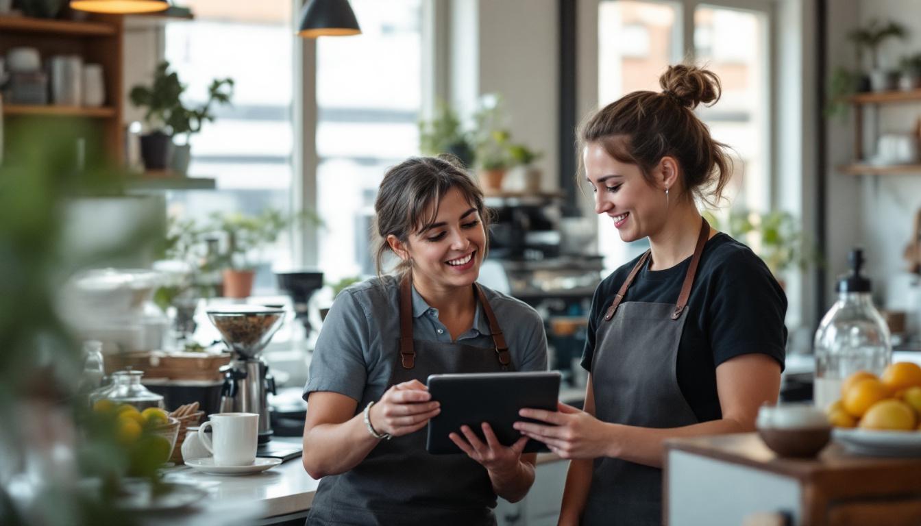 Sydney cafe owner showing an AI assistant tablet interface to a staff member during morning preparation