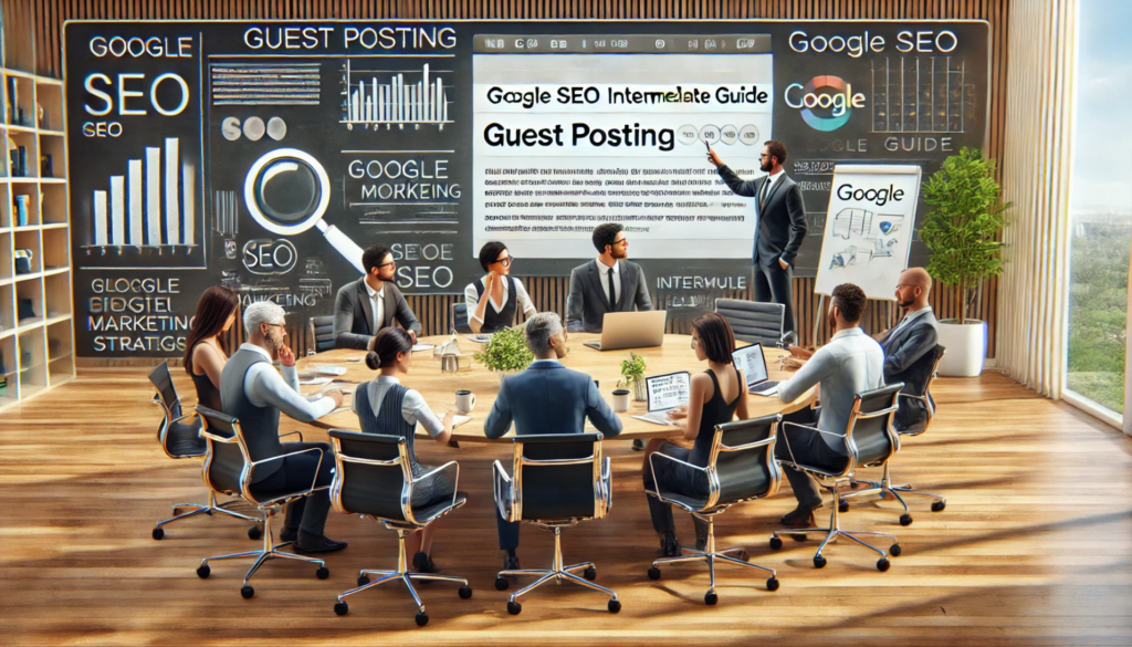 a professional office environment where digital marketers are discussing strategies for guest posting in the context of Google SEO.
